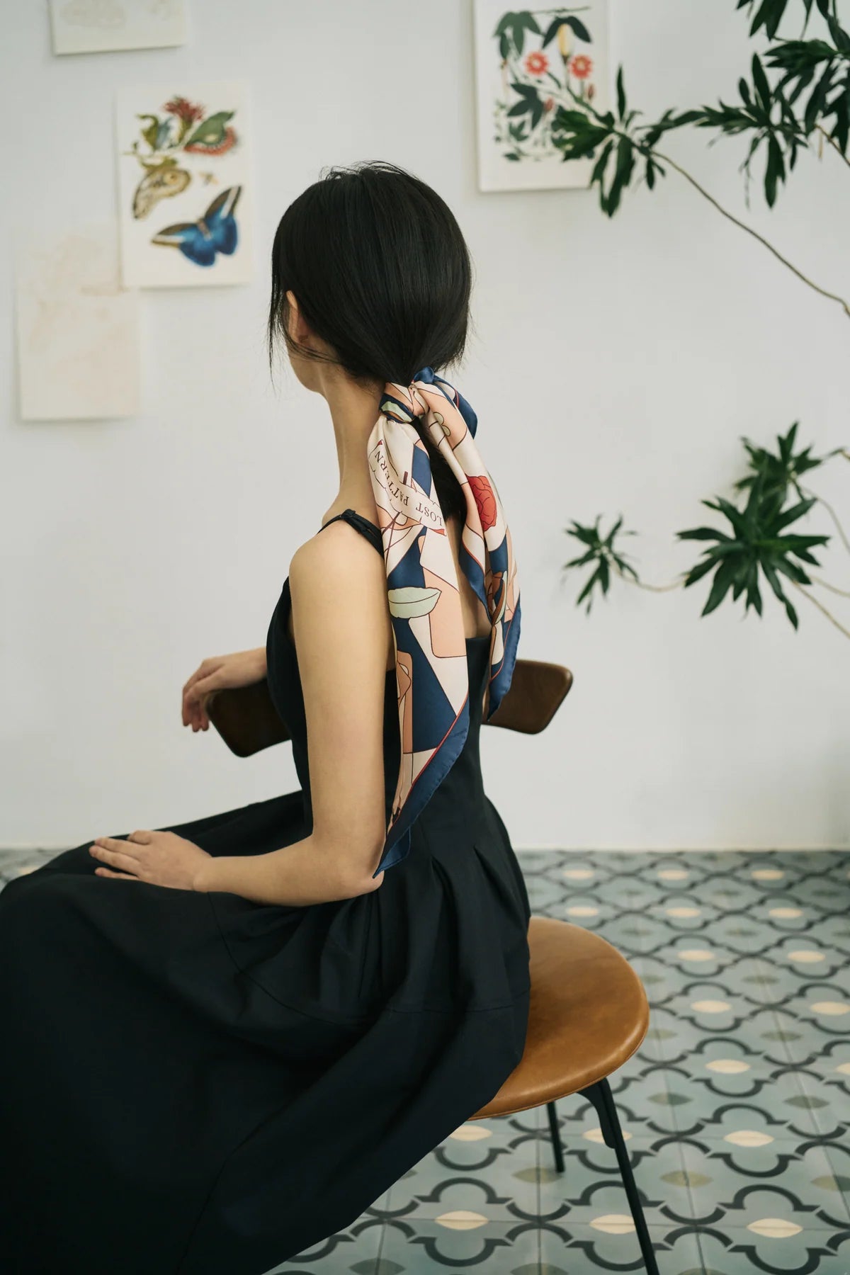 "Camellia" Silk Bandana Scarf in Dark Blue (100% Mulberry Silk)