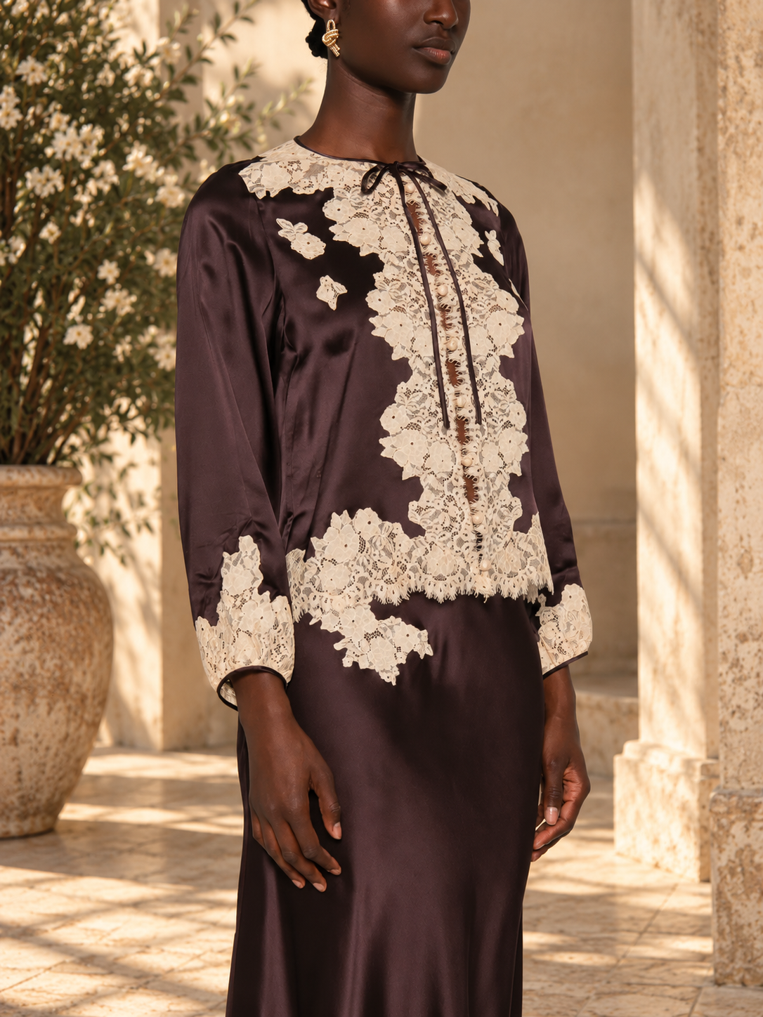 DÔEN | Lucine Top in Equestrian Brown with Cream Lace