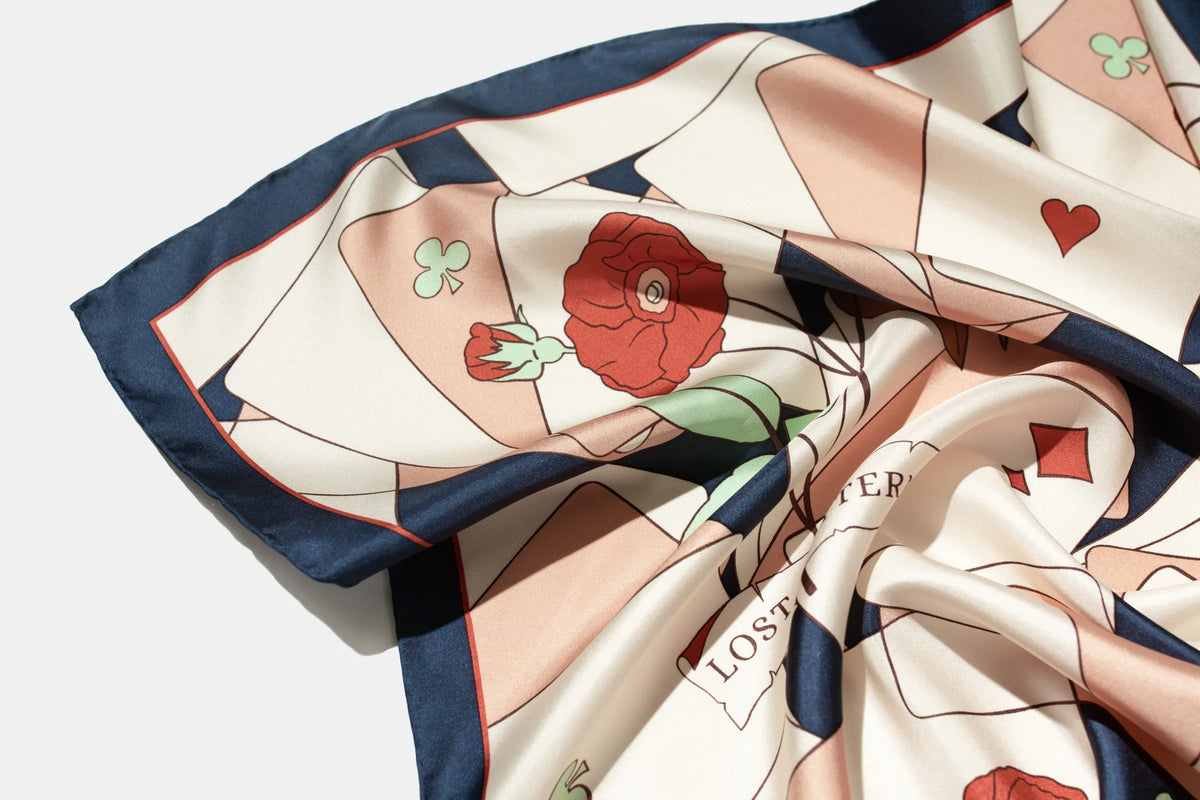 "Camellia" Silk Bandana Scarf in Dark Blue (100% Mulberry Silk)