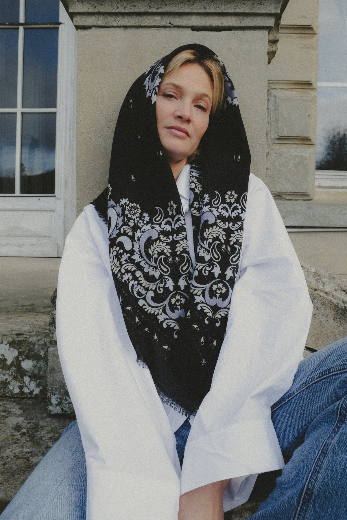 Bandana Flowers Black Scarf (Wool/Cashmere Blend)