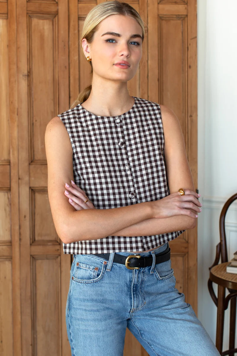 Emerson Fry | Button Front Wide Hem Top in Cocoa Gingham