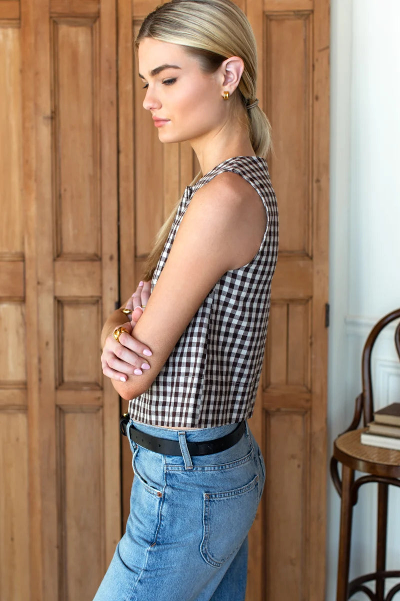 Emerson Fry | Button Front Wide Hem Top in Cocoa Gingham