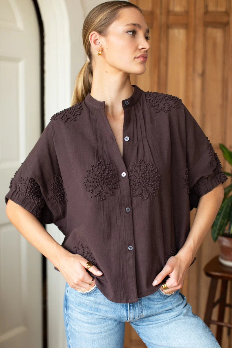 Emerson Fry | Mandarin Collar Top in French Knot Floral Vintage Chestnut