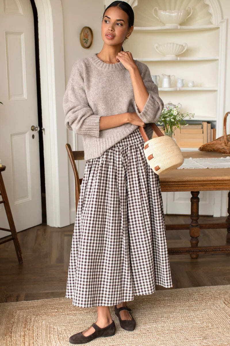 Emerson Fry | Smocked Maxi Skirt in Cocoa Gingham