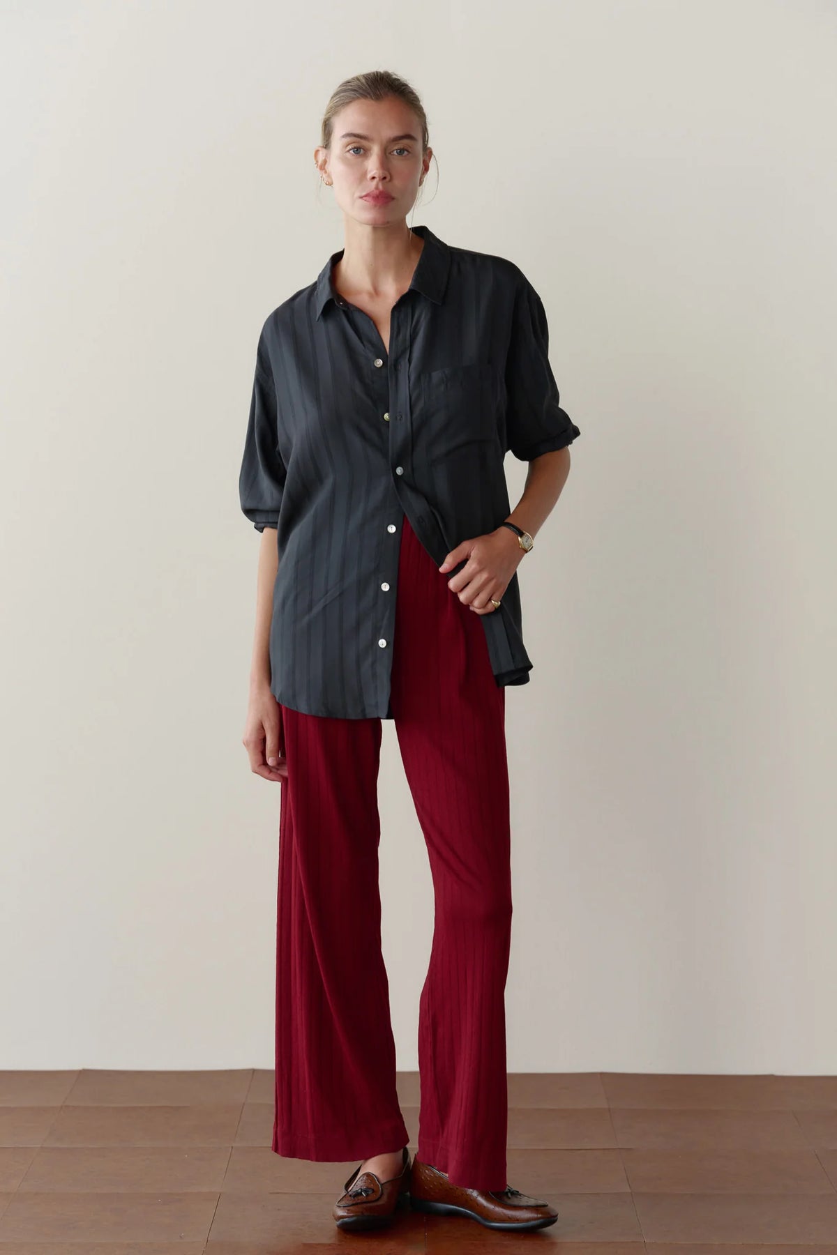 DONNI. | The Pointelle Simple Crop Pant in Oxblood