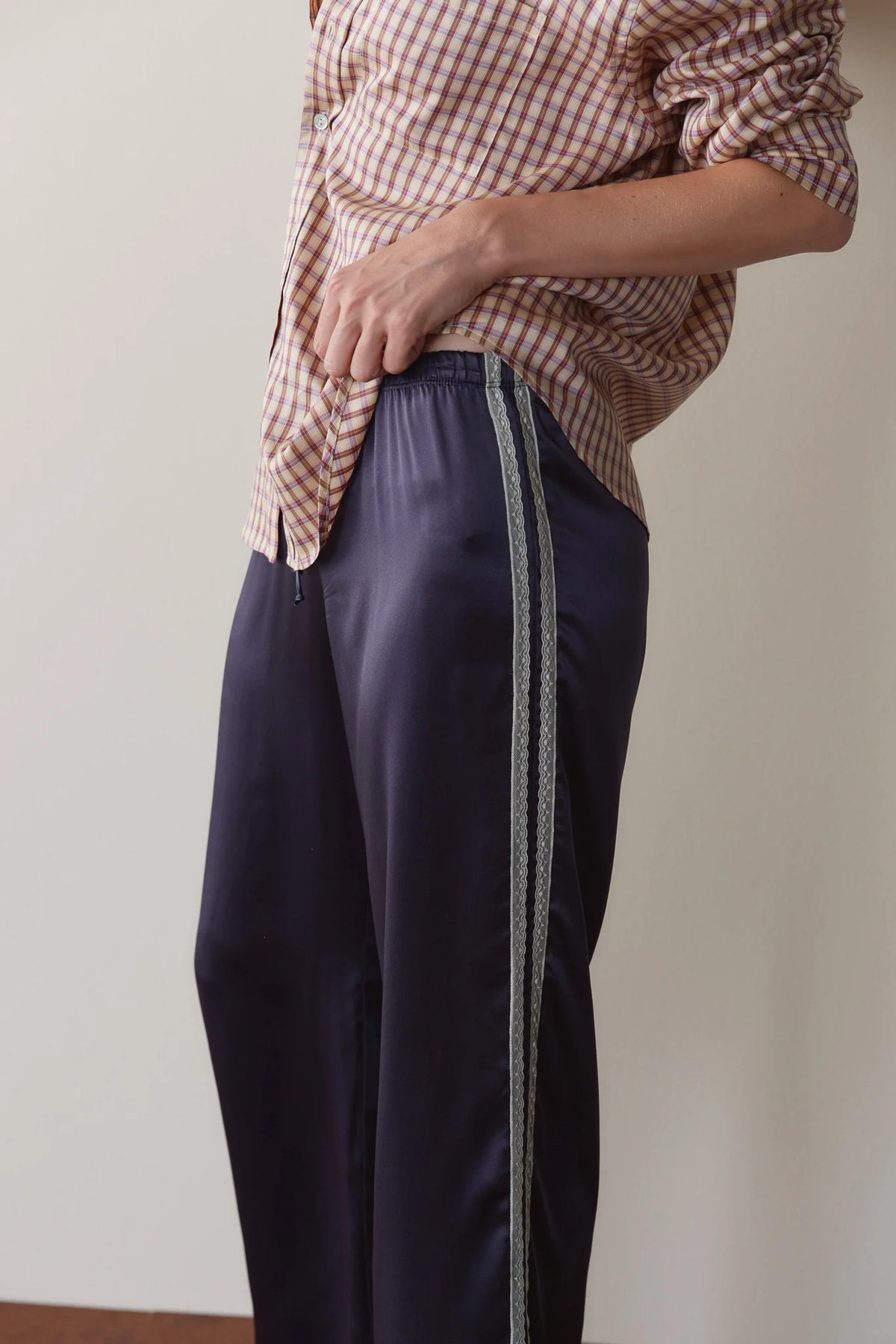 DONNI. | The Silk Lace Stripe Crop Pant in Navy