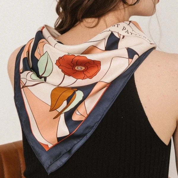 "Camellia" Silk Bandana Scarf in Dark Blue (100% Mulberry Silk)