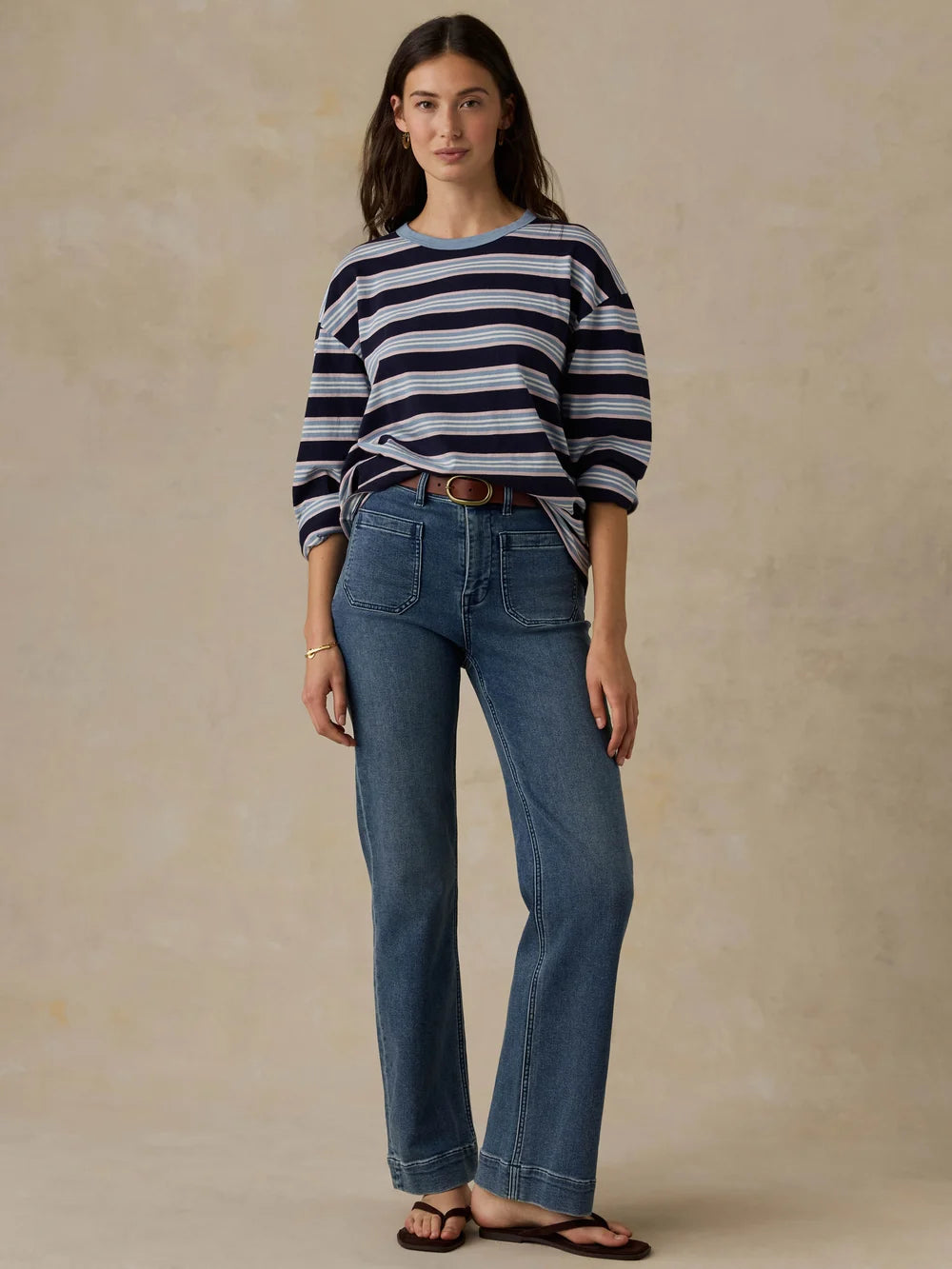 Faherty | Sunwashed Long-Sleeve Retro Tee in Moonlit Tidal Stripe
