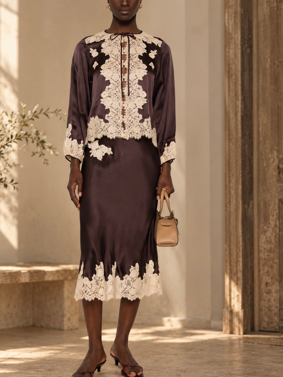 DÔEN | Lucine Top in Equestrian Brown with Cream Lace