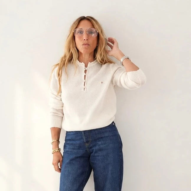 Kerri Rosenthal | Femme Ruffle Henley Sweater in Natural