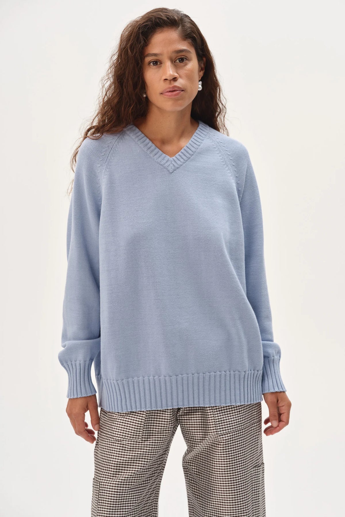 DONNI. | The Cotton Knit V-Neck Sweater in Cornflower