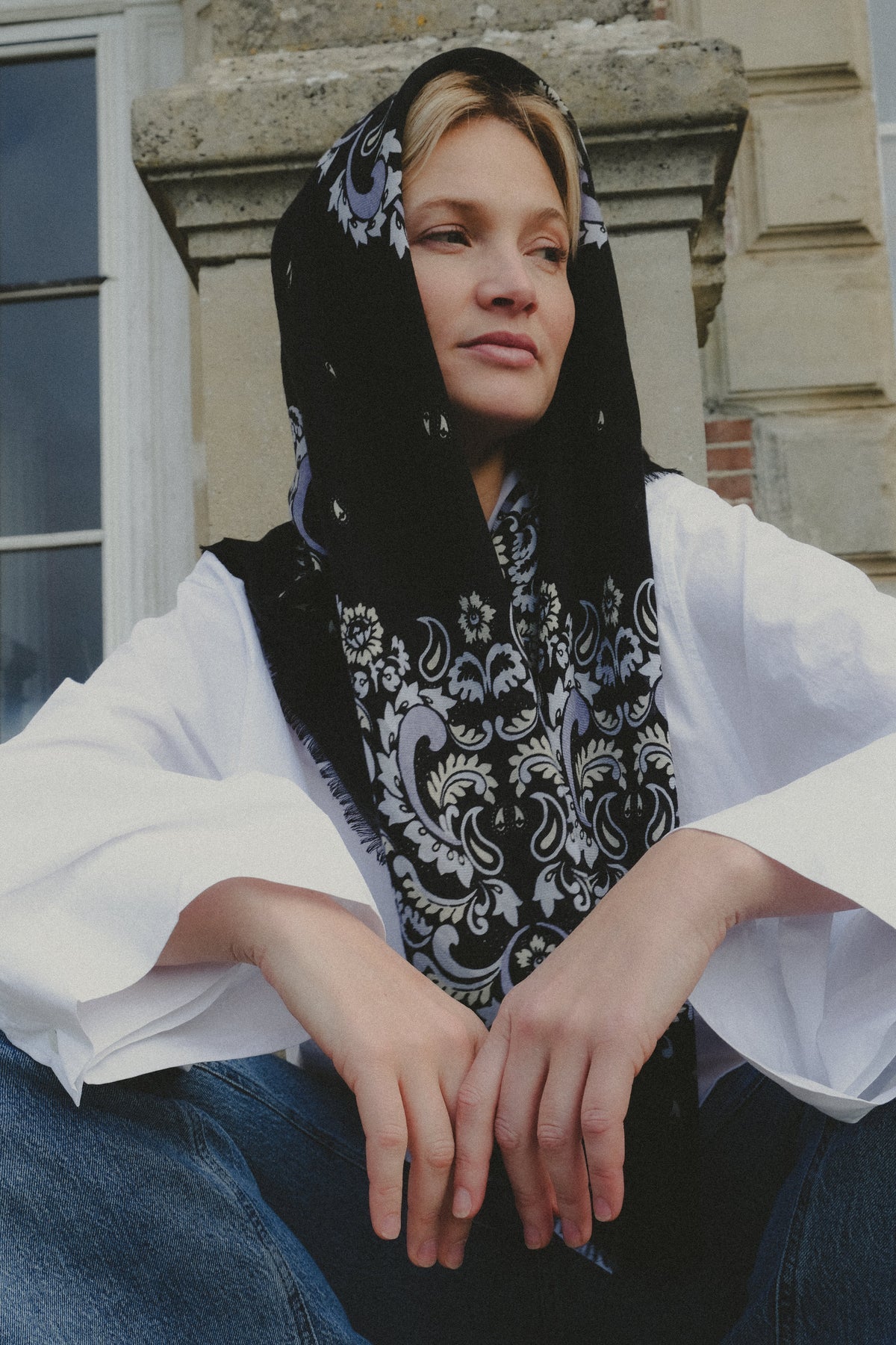 Bandana Flowers Black Scarf (Wool/Cashmere Blend)