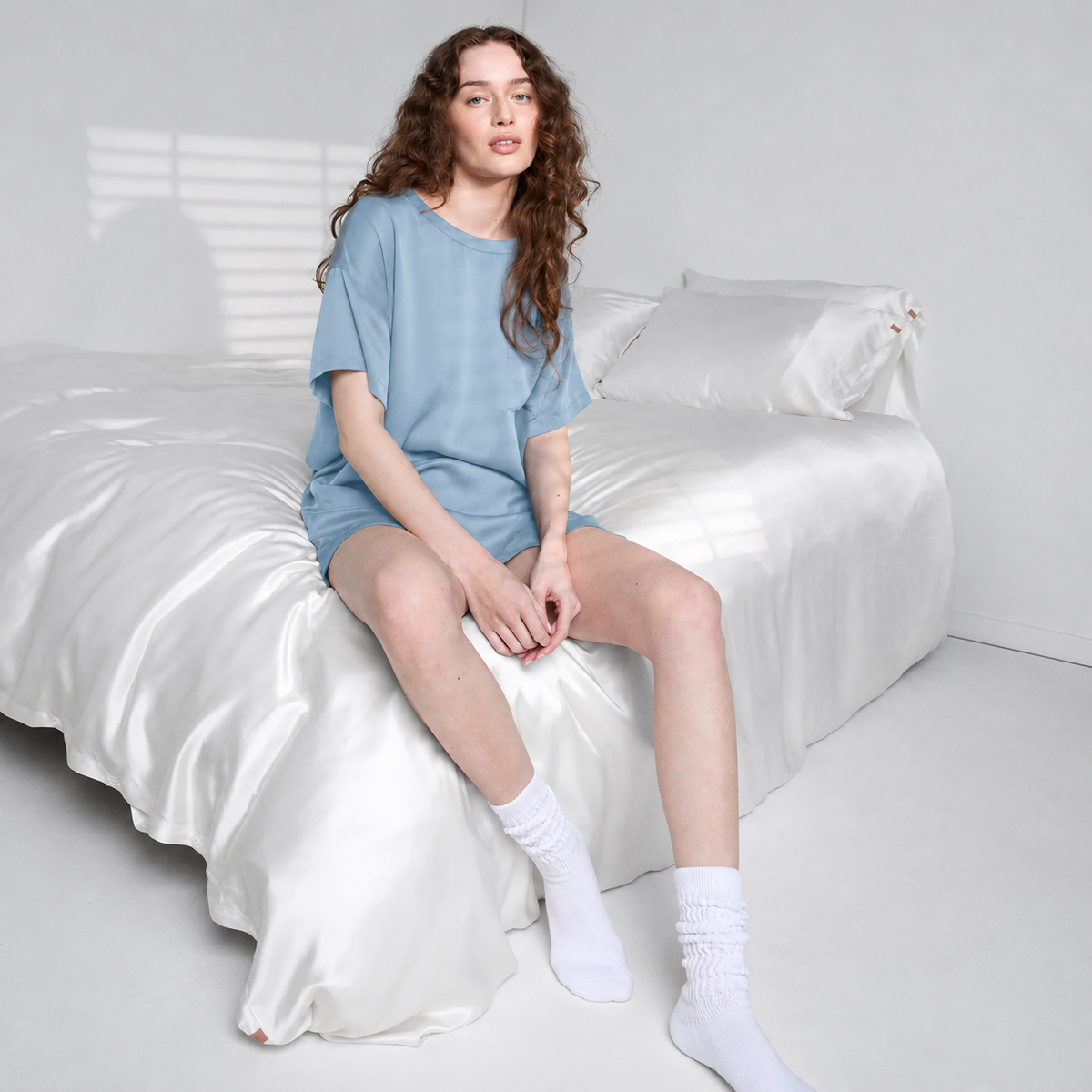 LUNYA | Washable Silk Oversized Sleep Tee in Whisper Blue