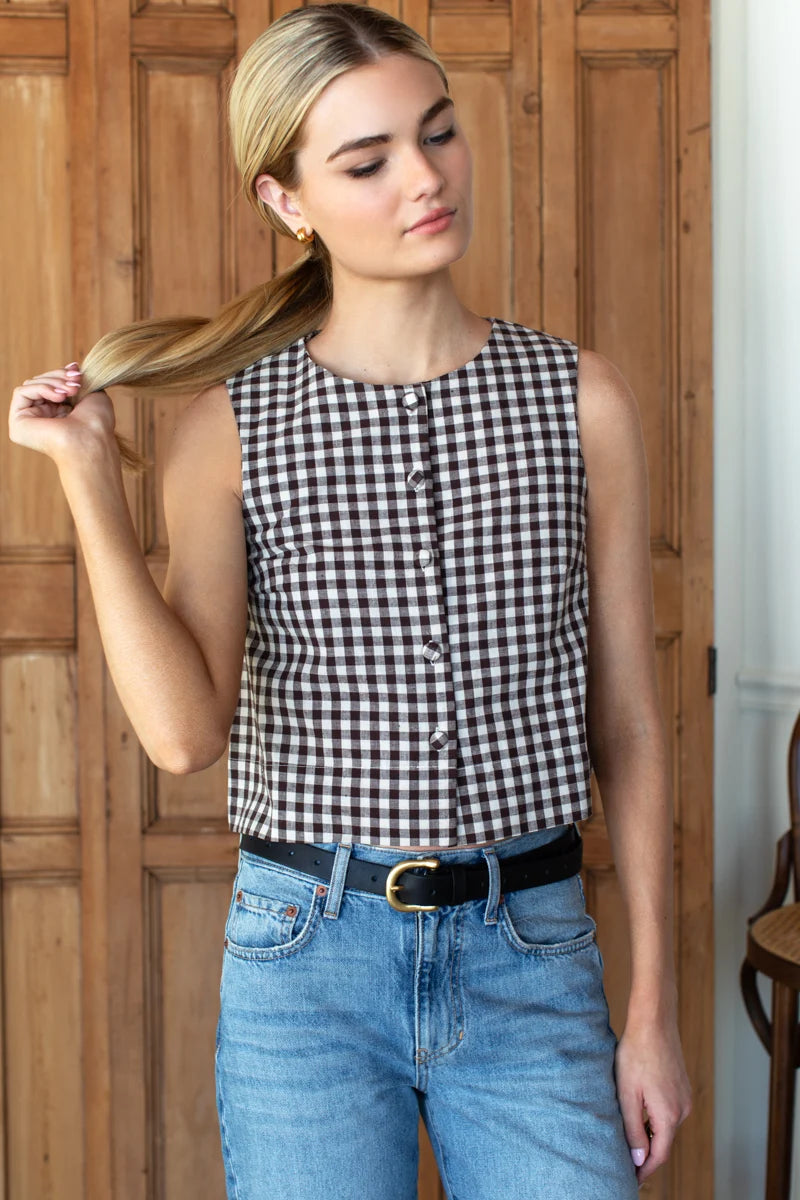 Emerson Fry | Button Front Wide Hem Top in Cocoa Gingham