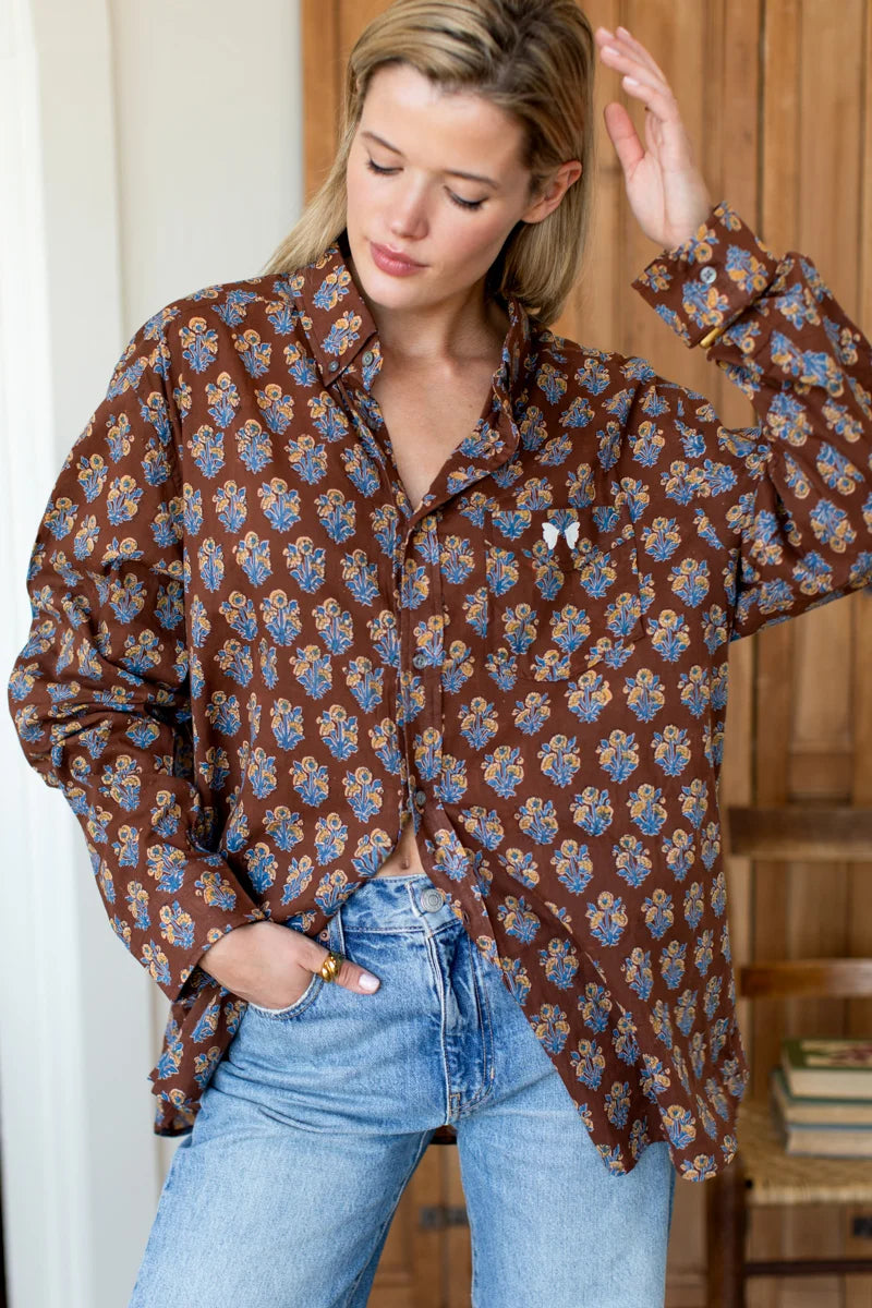 Emerson Fry | Ryan Shirt in Library Flowers Cocoa Organic