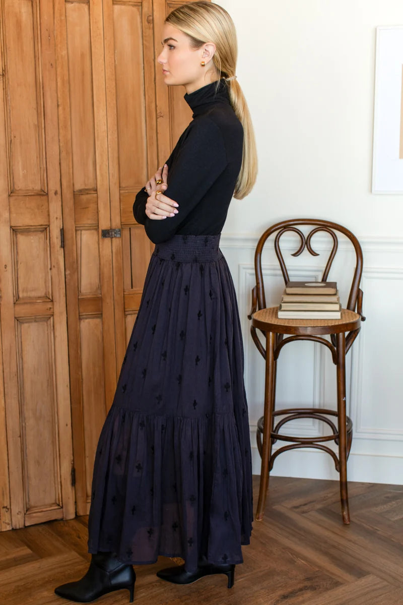 Emerson Fry | Shirred Skirt in Embroidered Clover Midnight