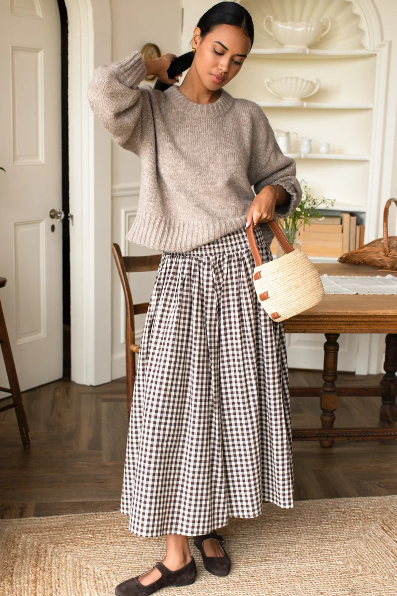 Emerson Fry | Smocked Maxi Skirt in Cocoa Gingham