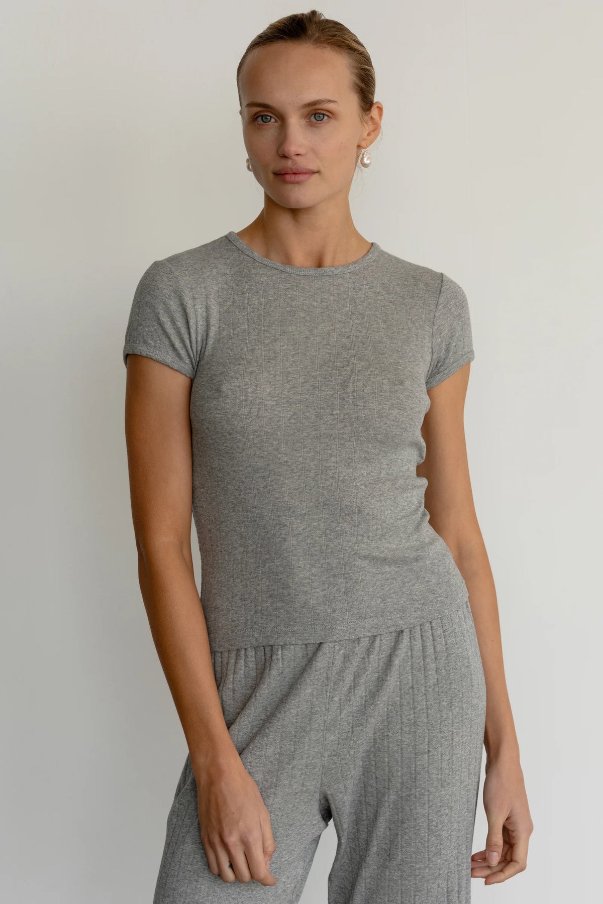 DONNI. | The Pointelle Baby Tee in Heather Grey