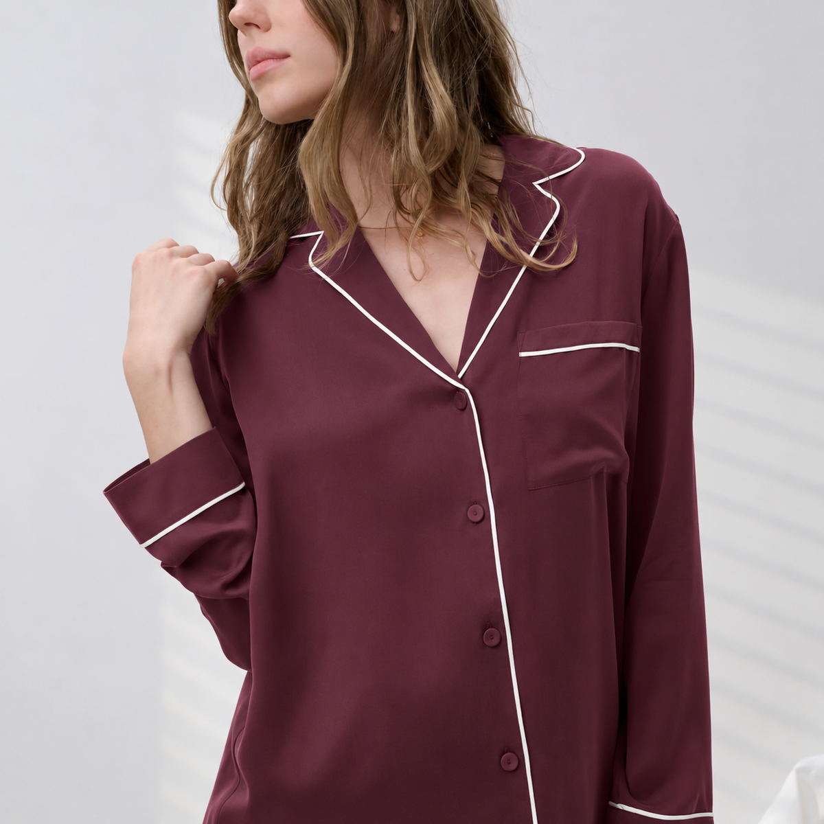 LUNYA | Washable Silk Sleep Shirt Dress in Vintage Merlot & Frosted Lagoon