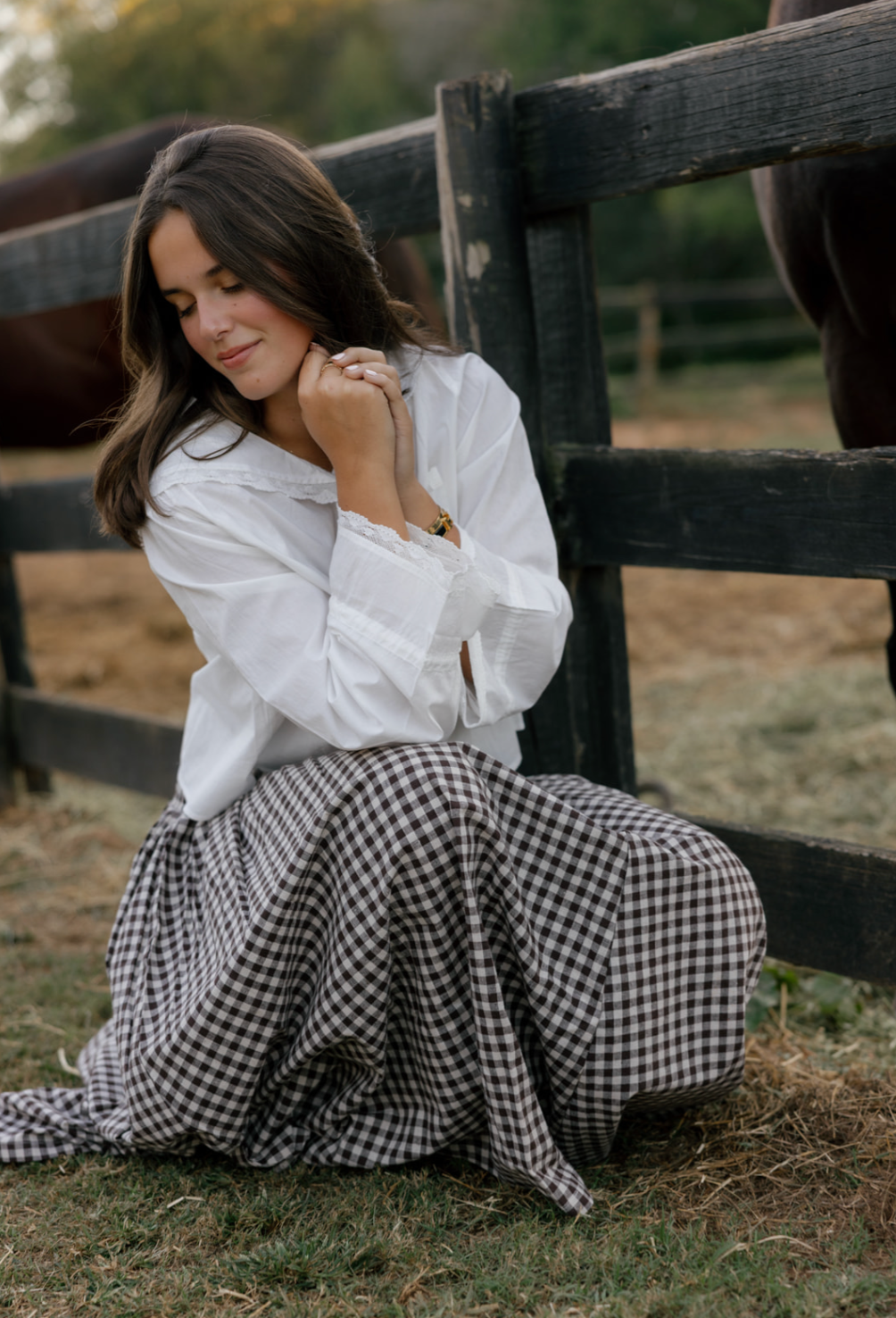 Emerson Fry | Smocked Maxi Skirt in Cocoa Gingham