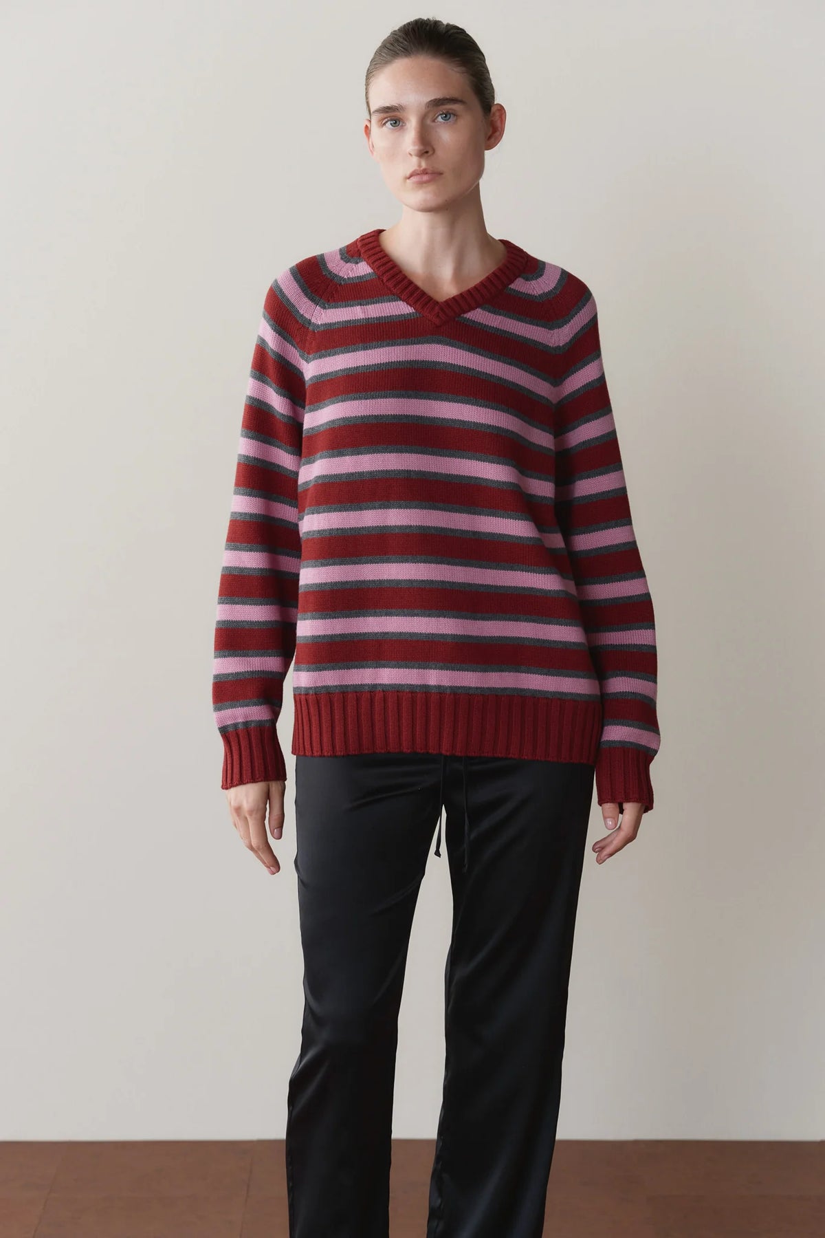 DONNI. | The Cotton Knit Stripe V-Neck Sweater in Oxblood