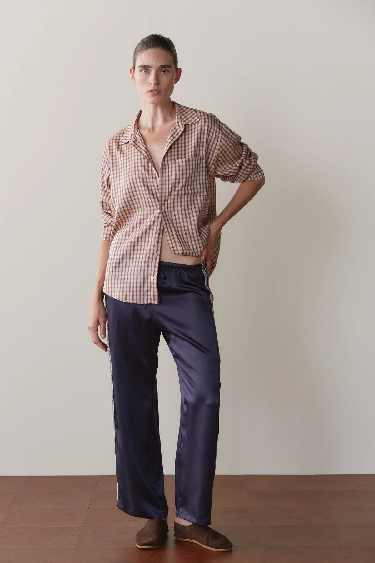 DONNI. | The Silk Lace Stripe Crop Pant in Navy