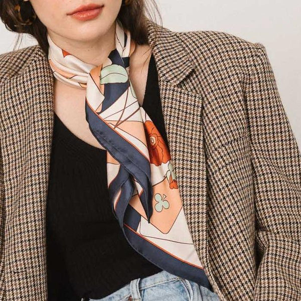 "Camellia" Silk Bandana Scarf in Dark Blue (100% Mulberry Silk)