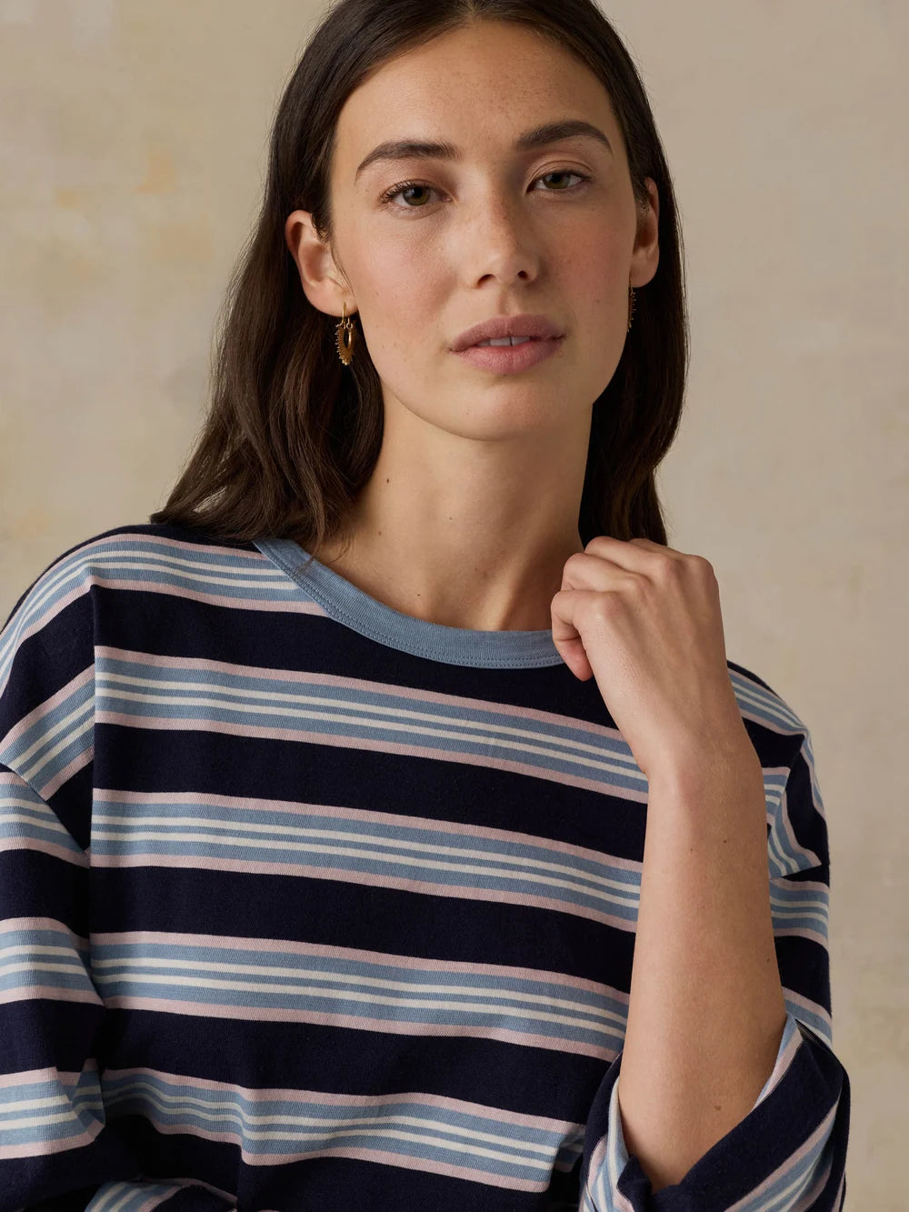 Faherty | Sunwashed Long-Sleeve Retro Tee in Moonlit Tidal Stripe
