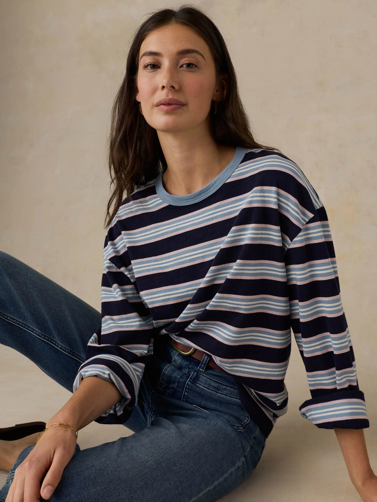 Faherty | Sunwashed Long-Sleeve Retro Tee in Moonlit Tidal Stripe