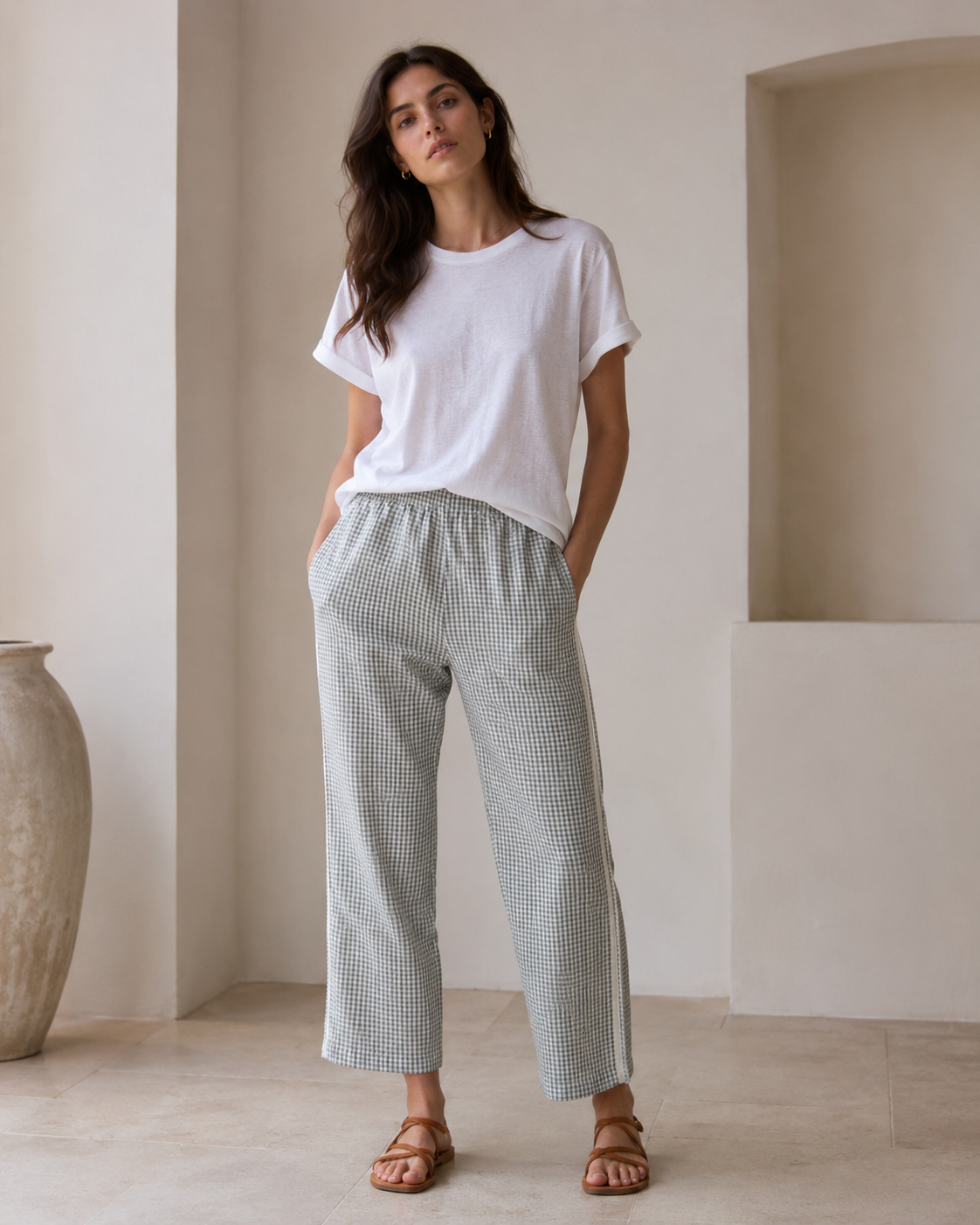 Donni Cotton Gingham Stripe Crop Pant