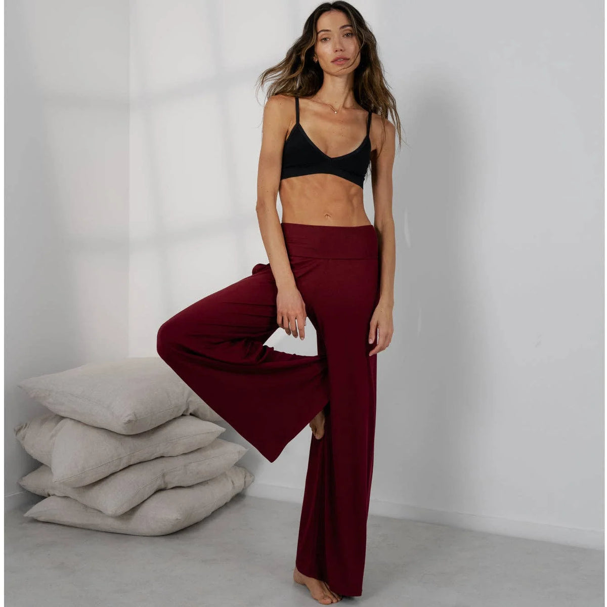 LUNYA | Soft Modal Rib Foldover Pant in Calliope Wine